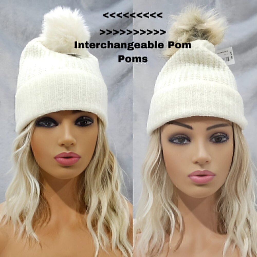 Detachable or Interchangeable Two Pom Beanie Cuffed Winter Knit Hat in Off White